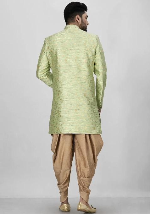 Gold And Green Embroidered Jacquard Indo Western Sherwani Set For Men