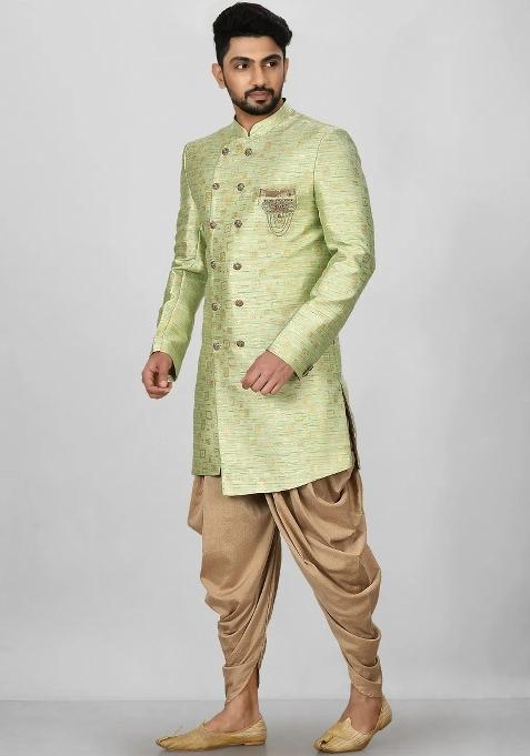 Gold And Green Embroidered Jacquard Indo Western Sherwani Set For Men