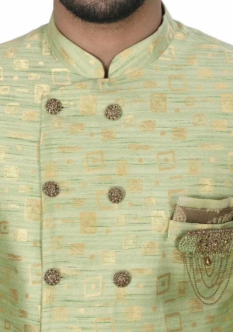 Gold And Green Embroidered Jacquard Indo Western Sherwani Set For Men