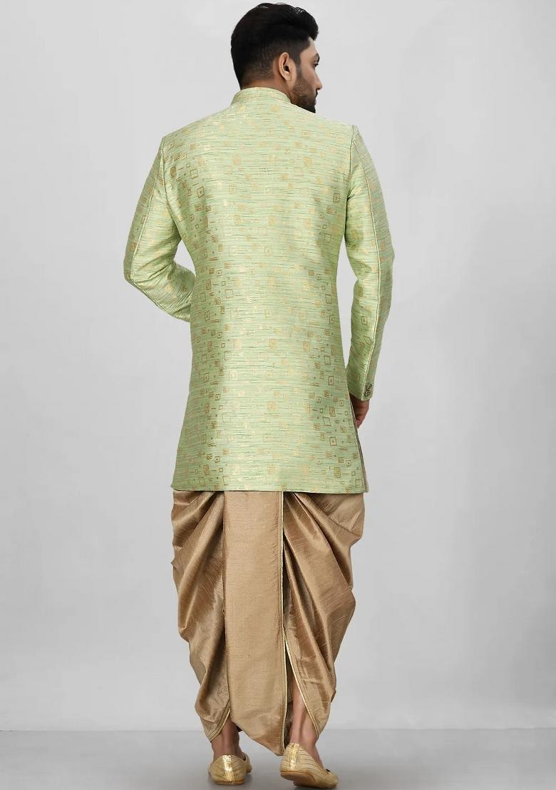 Gold And Green Embroidered Jacquard Indo Western Sherwani Set For Men