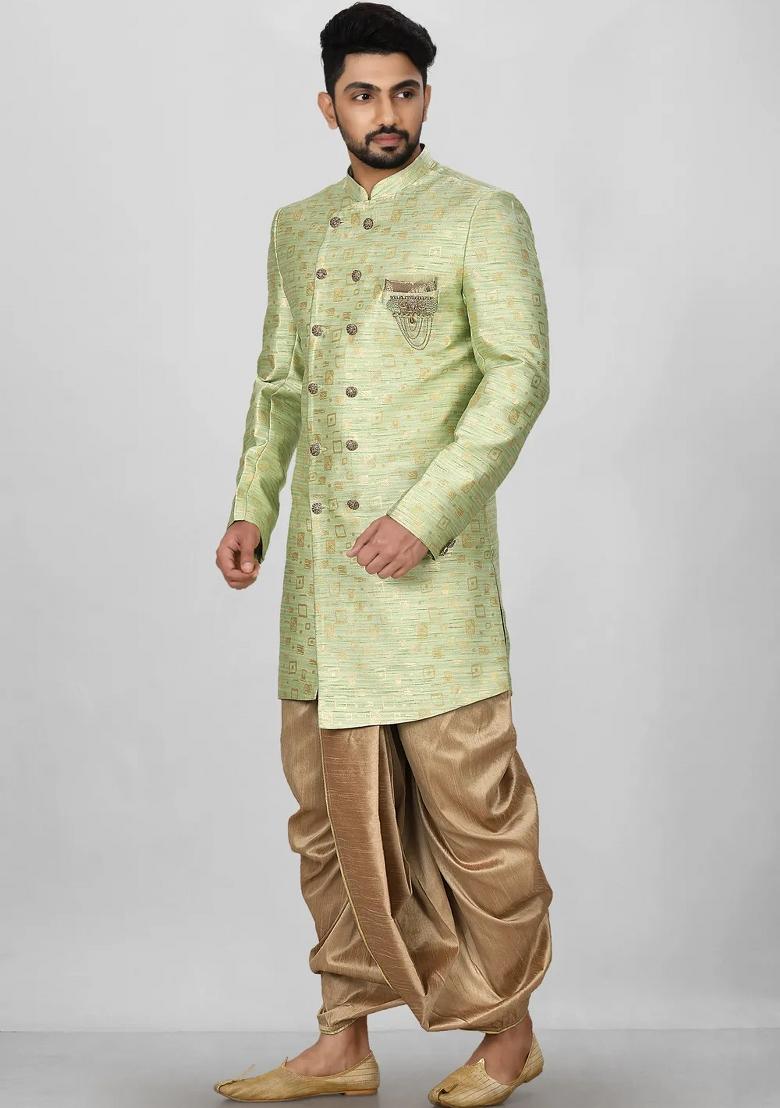 Gold And Green Embroidered Jacquard Indo Western Sherwani Set For Men
