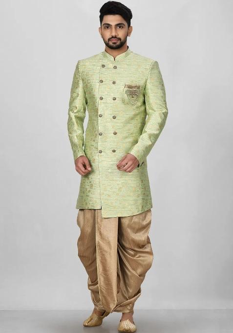Gold And Green Embroidered Jacquard Indo Western Sherwani Set For Men