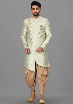 Mint Green Embroidered Jacquard Indo Western Sherwani For Men