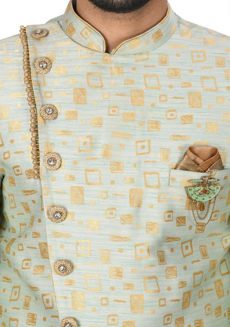 Mint Green Embroidered Jacquard Indo Western Sherwani For Men