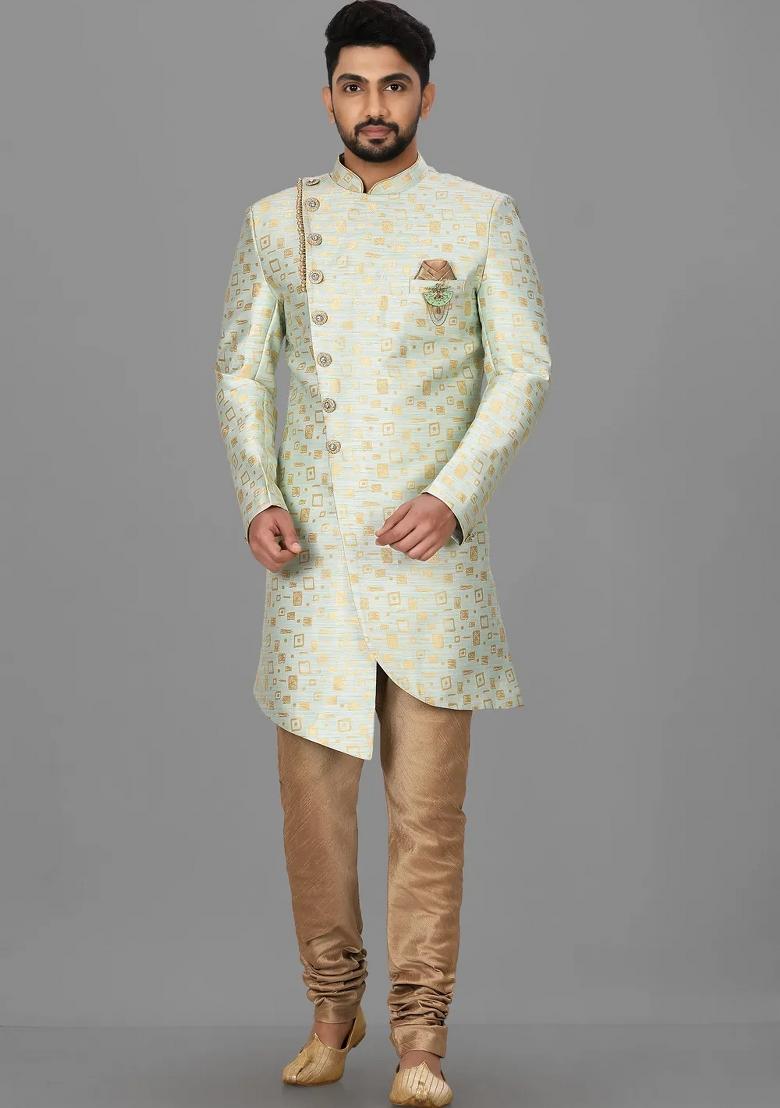 Mint Green Embroidered Jacquard Indo Western Sherwani Set For Men