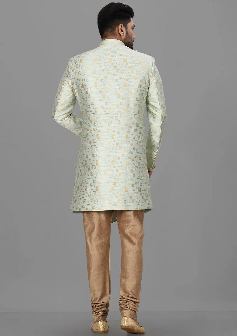 Mint Green Embroidered Jacquard Indo Western Sherwani Set For Men
