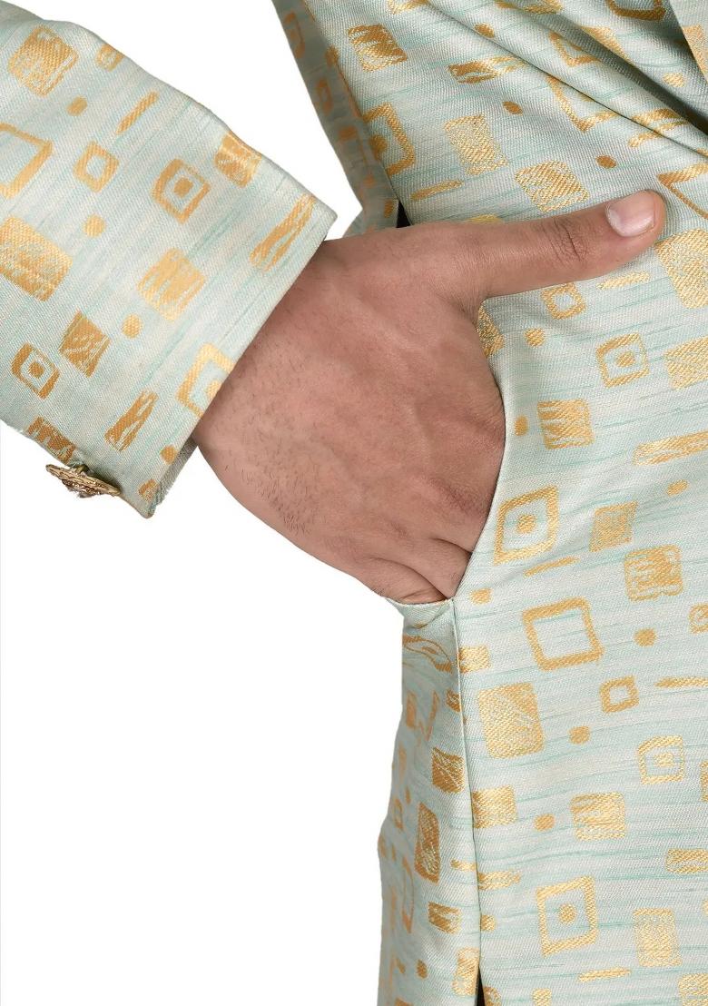 Mint Green Embroidered Jacquard Indo Western Sherwani Set For Men