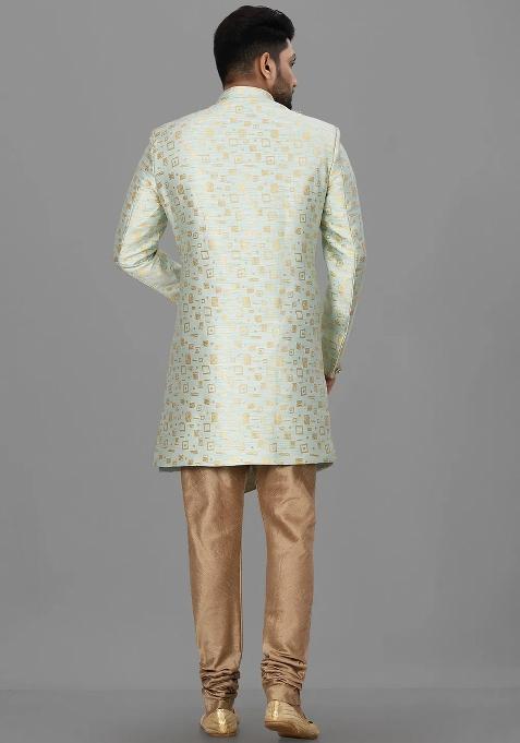 Mint Green Embroidered Jacquard Indo Western Sherwani Set For Men