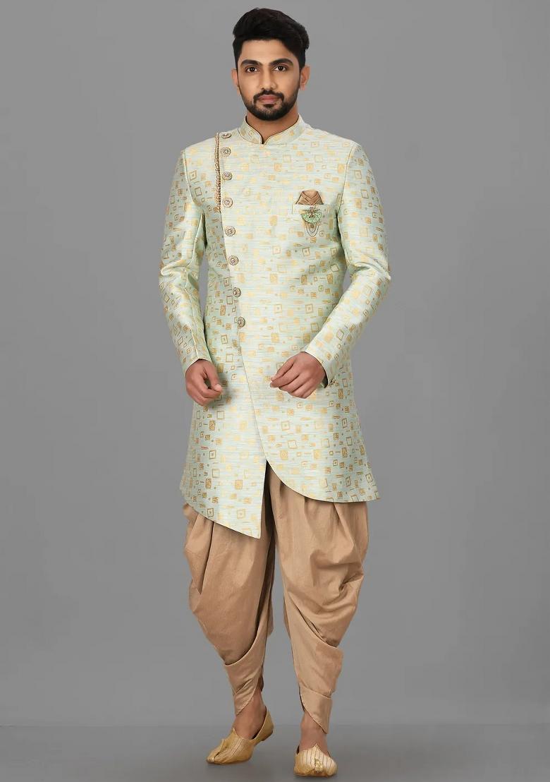 Mint Green Embroidered Jacquard Indo Western Sherwani Set For Men
