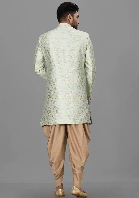Mint Green Embroidered Jacquard Indo Western Sherwani Set For Men