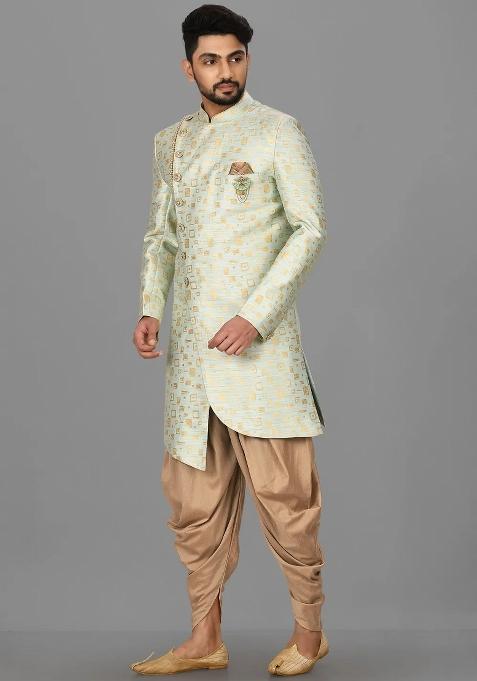 Mint Green Embroidered Jacquard Indo Western Sherwani Set For Men