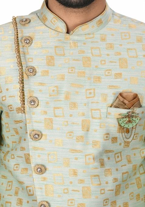 Mint Green Embroidered Jacquard Indo Western Sherwani Set For Men