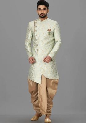 Mint Green Embroidered Jacquard Indo Western Sherwani Set For Men