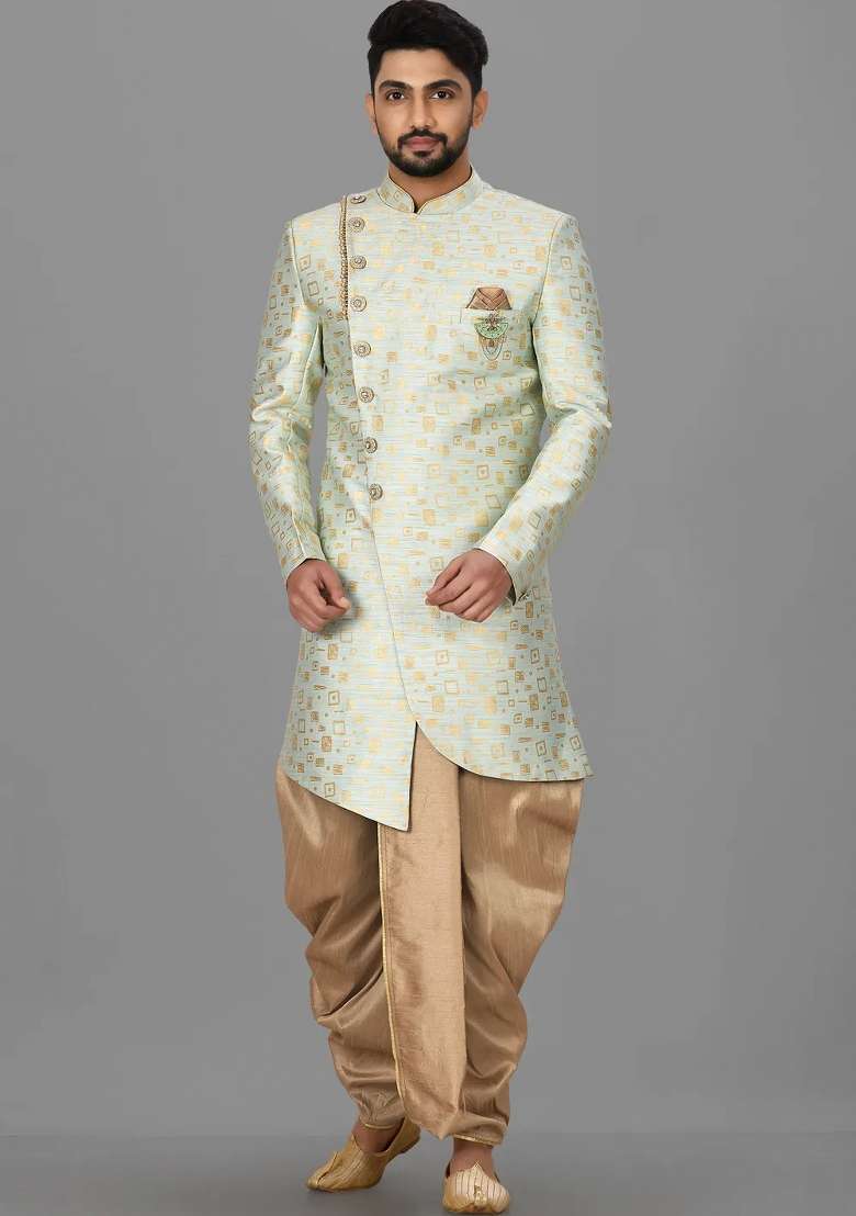 Mint Green Embroidered Jacquard Indo Western Sherwani Set For Men - Indya