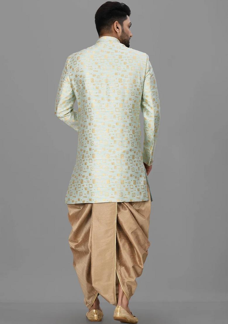 Mint Green Embroidered Jacquard Indo Western Sherwani Set For Men