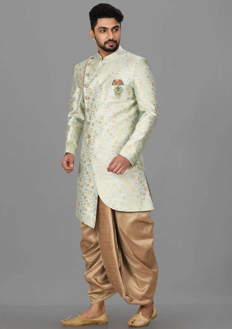 Mint Green Embroidered Jacquard Indo Western Sherwani Set For Men - Indya