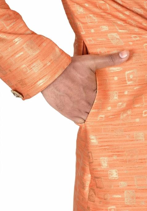 Orange Embroidered Jacquard Indo Western Sherwani For Men