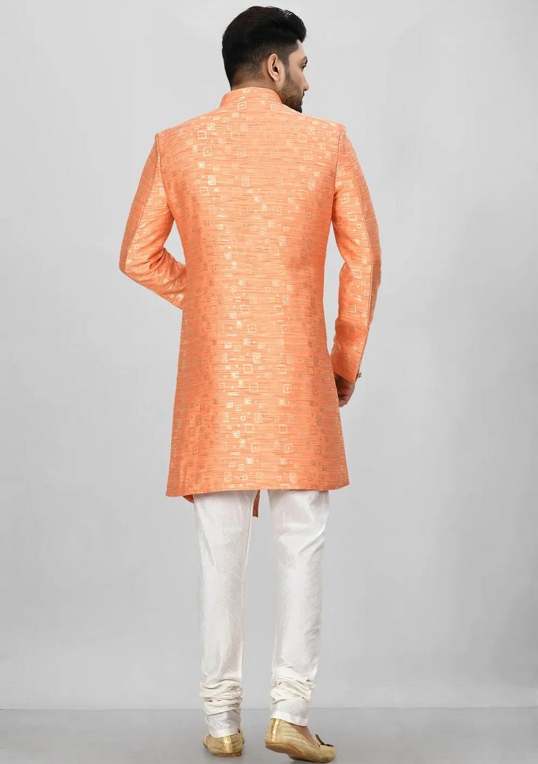 Orange Embroidered Jacquard Indo Western Sherwani Set For Men
