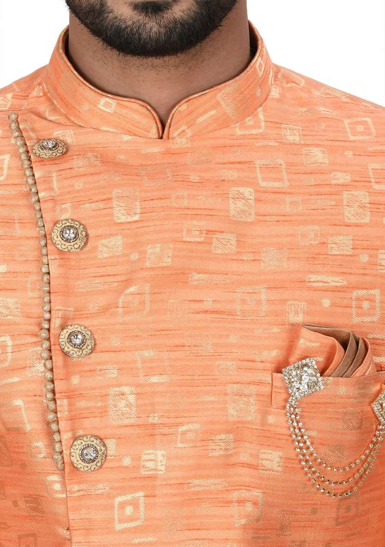 Orange Embroidered Jacquard Indo Western Sherwani Set For Men - Indya