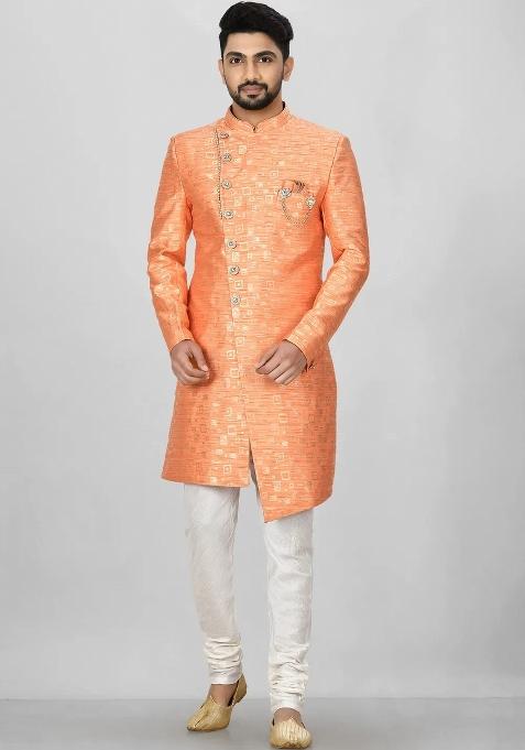 Orange Embroidered Jacquard Indo Western Sherwani Set For Men — view on Indya