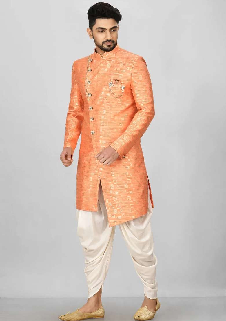 Orange Embroidered Jacquard Indo Western Sherwani Set For Men - Indya