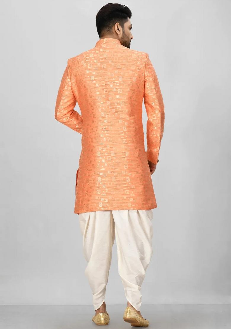 Orange Embroidered Jacquard Indo Western Sherwani Set For Men