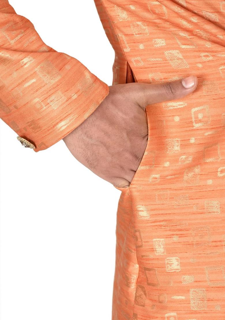 Orange Embroidered Jacquard Indo Western Sherwani Set For Men