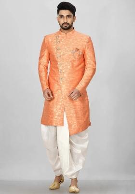 Orange Embroidered Jacquard Indo Western Sherwani Set For Men