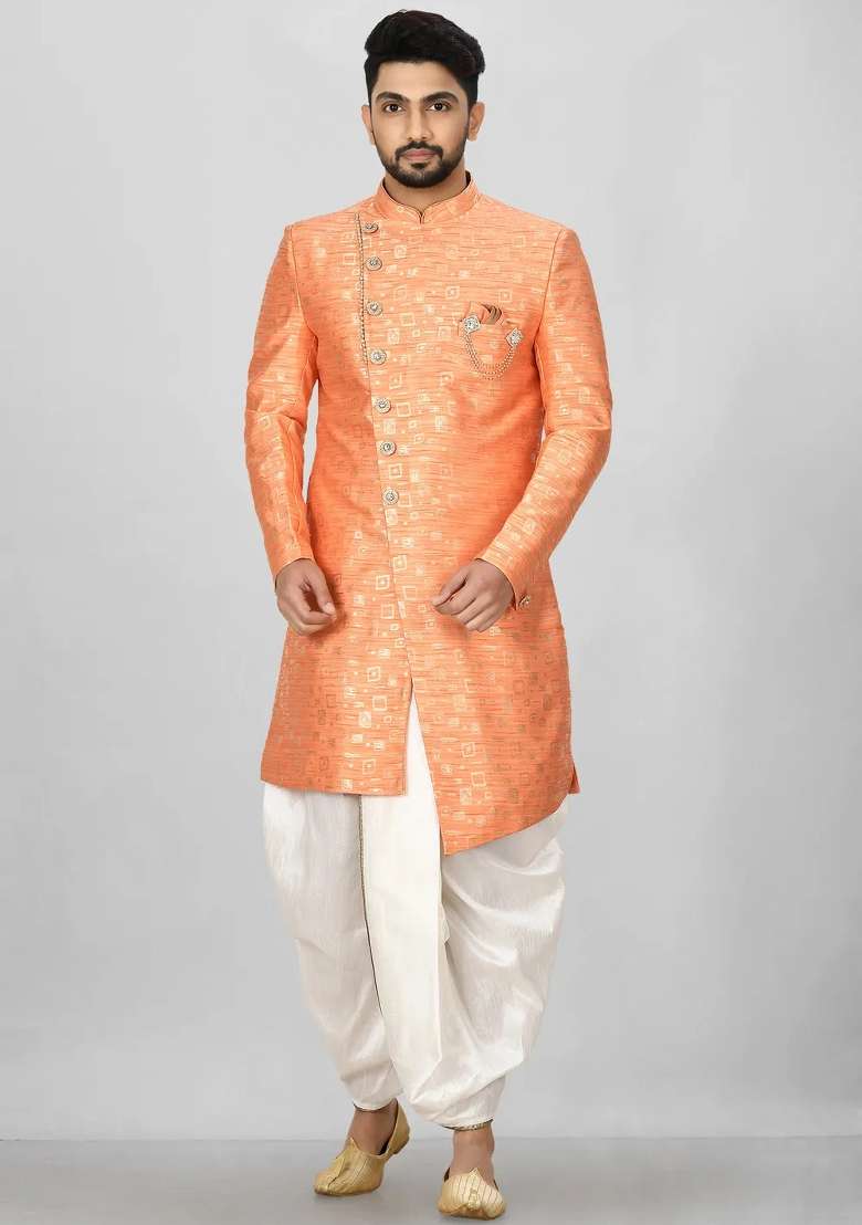 Orange Embroidered Jacquard Indo Western Sherwani Set For Men - Indya