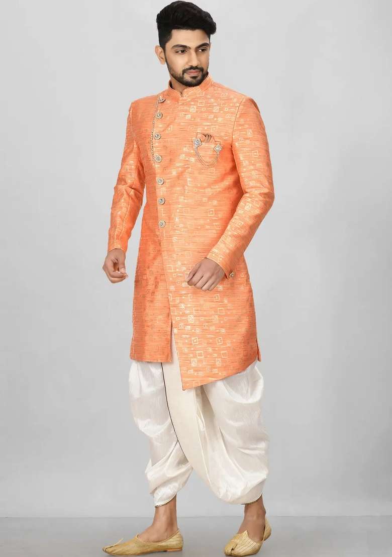 Orange Embroidered Jacquard Indo Western Sherwani Set For Men - Indya