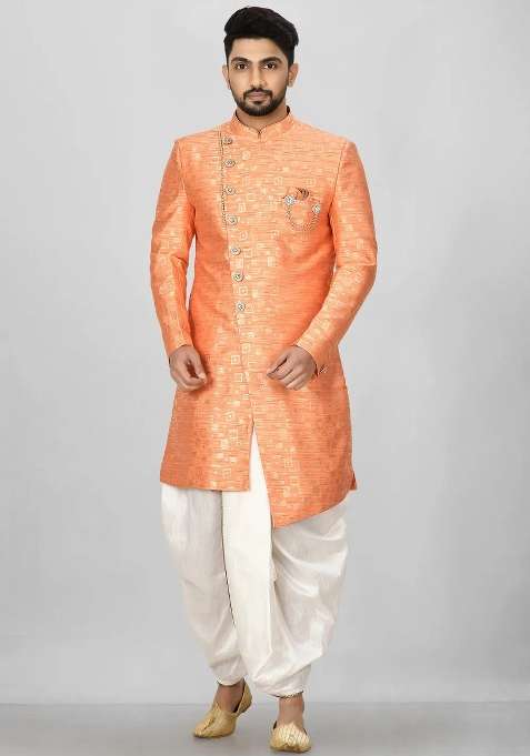 Orange Embroidered Jacquard Indo Western Sherwani Set For Men