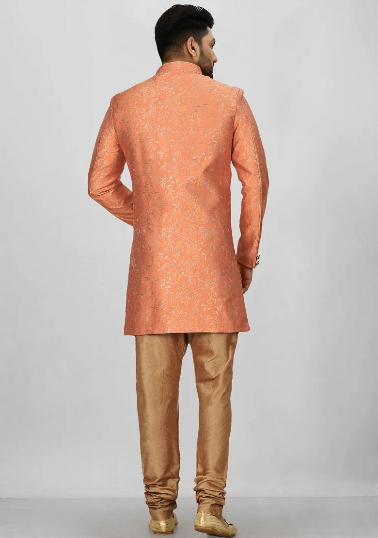 Orange Embroidered Jacquard Indo Western Sherwani For Men