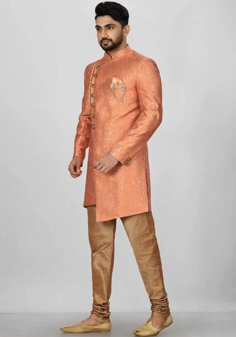 Orange Embroidered Jacquard Indo Western Sherwani For Men