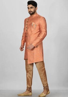 Orange Embroidered Jacquard Indo Western Sherwani Set For Men