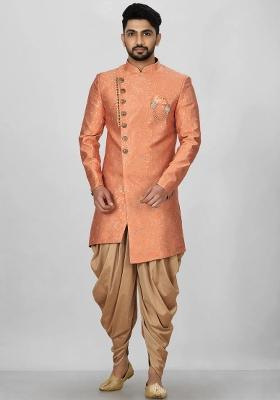 Orange Embroidered Jacquard Indo Western Sherwani Set For Men
