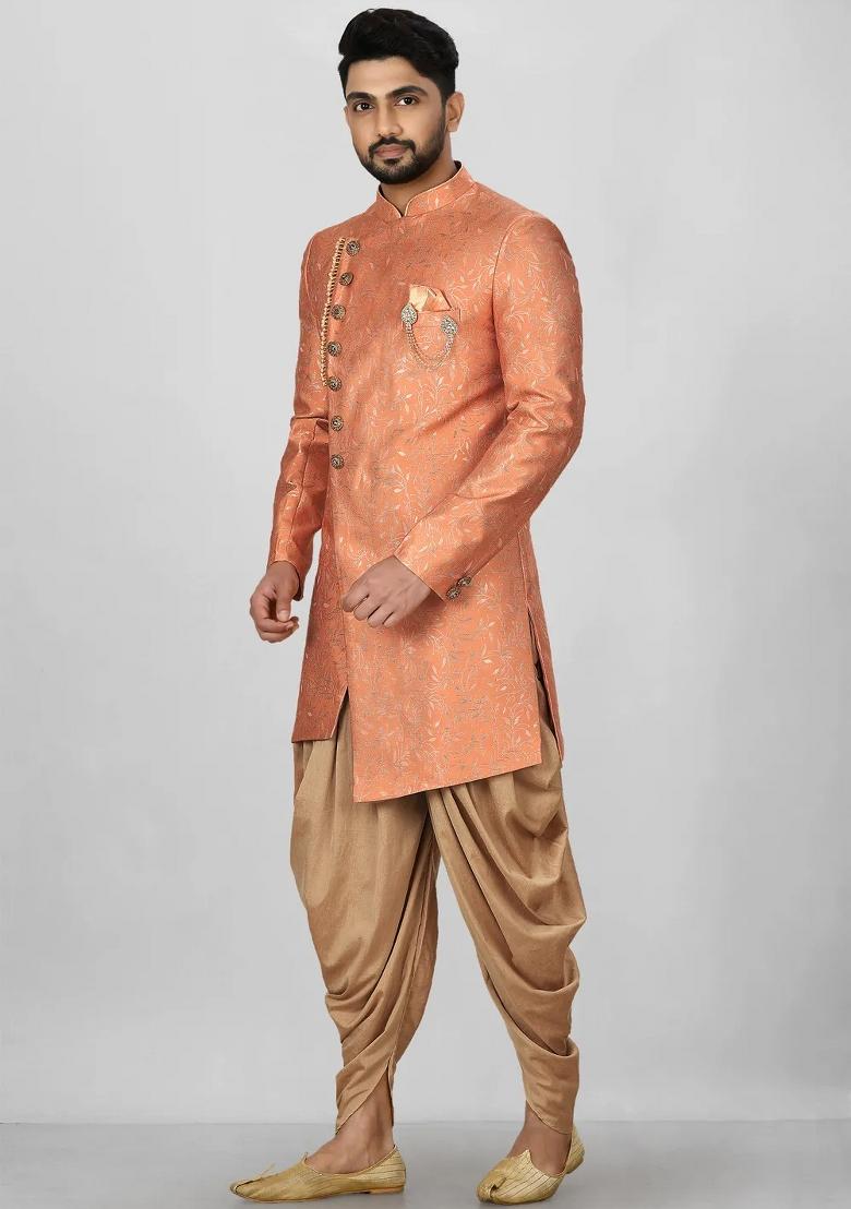 Orange Embroidered Jacquard Indo Western Sherwani Set For Men