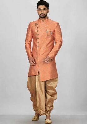 Orange Embroidered Jacquard Indo Western Sherwani Set For Men