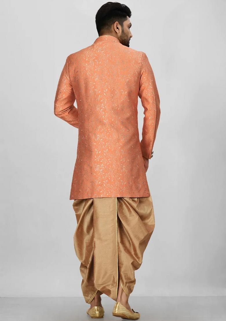 Orange Embroidered Jacquard Indo Western Sherwani Set For Men