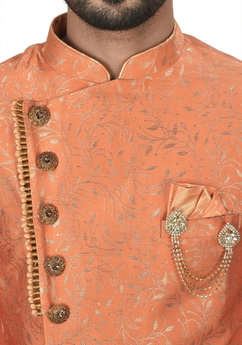 Orange Embroidered Jacquard Indo Western Sherwani Set For Men