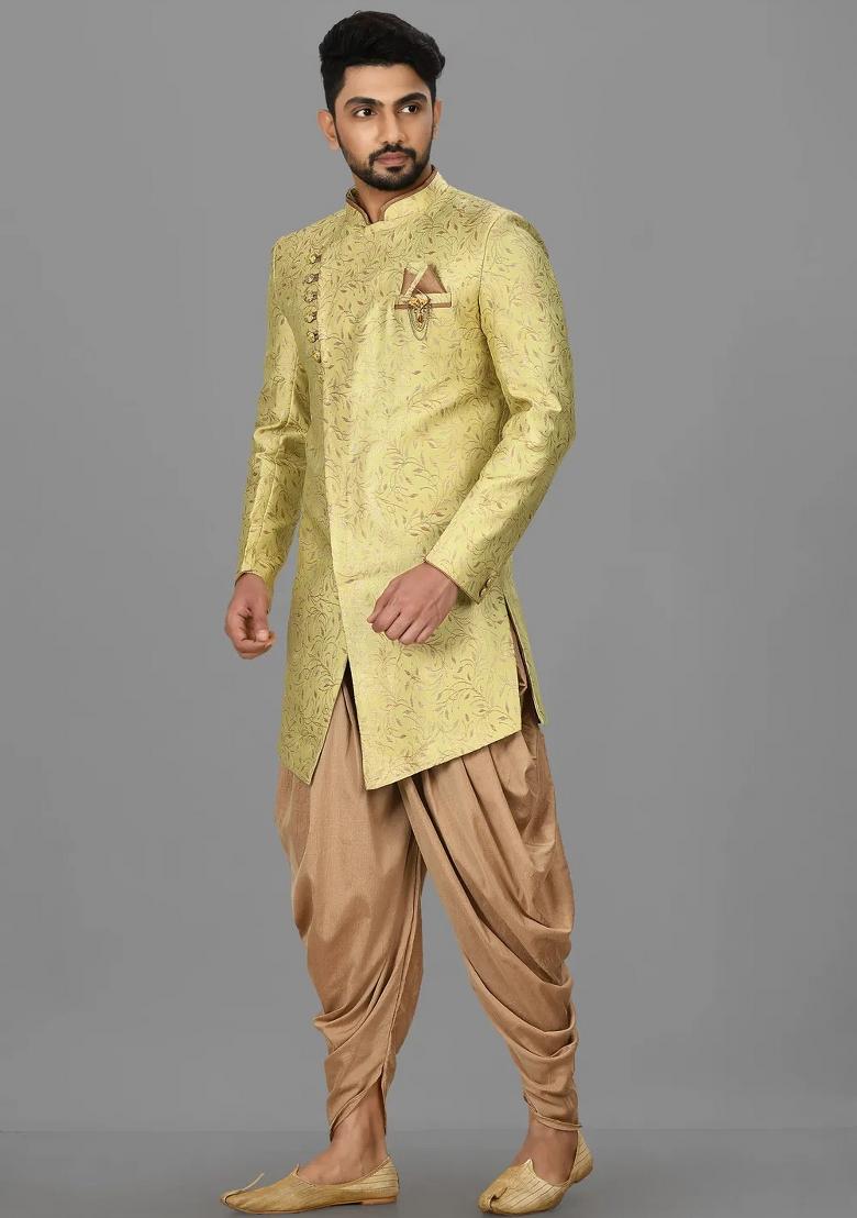 Green Embroidered Jacquard Indo Western Sherwani For Men