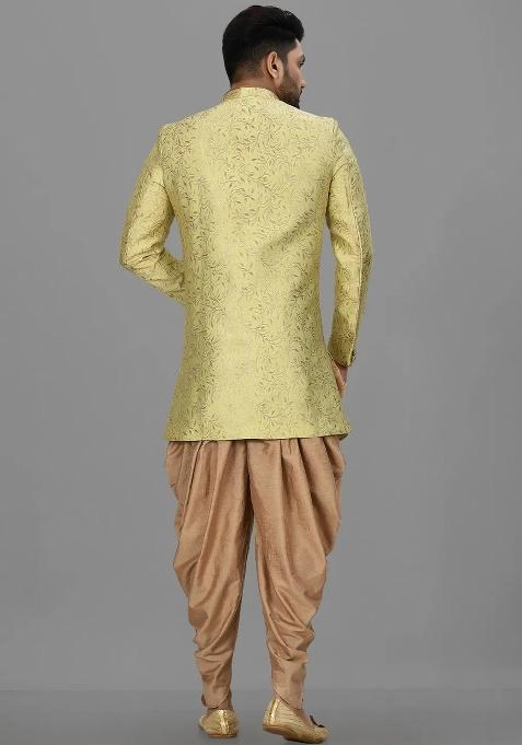 Green Embroidered Jacquard Indo Western Sherwani For Men