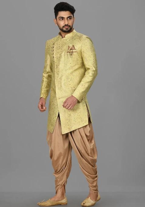 Green Embroidered Jacquard Indo Western Sherwani For Men