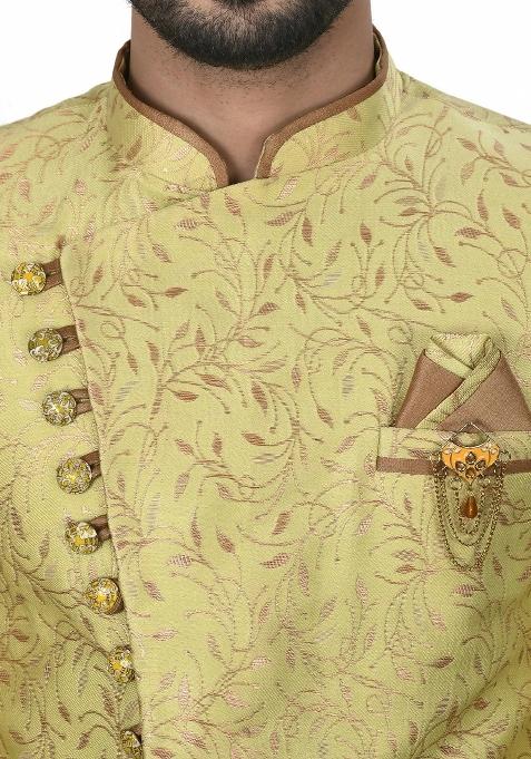 Green Embroidered Jacquard Indo Western Sherwani For Men