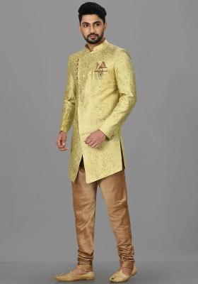 Green Embroidered Jacquard Indo Western Sherwani Set For Men
