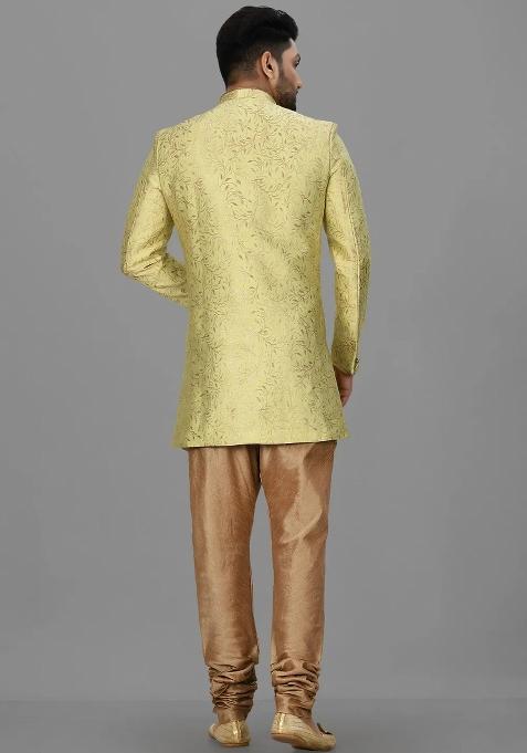 Green Embroidered Jacquard Indo Western Sherwani Set For Men