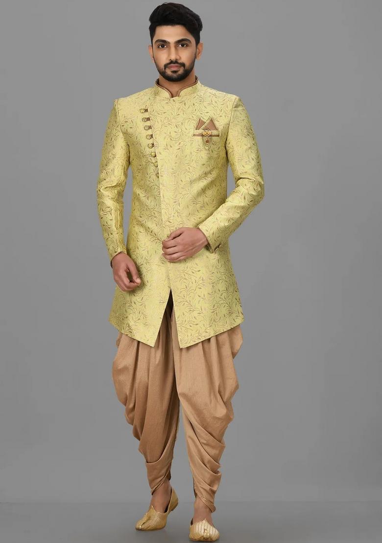 Green Embroidered Jacquard Indo Western Sherwani Set For Men
