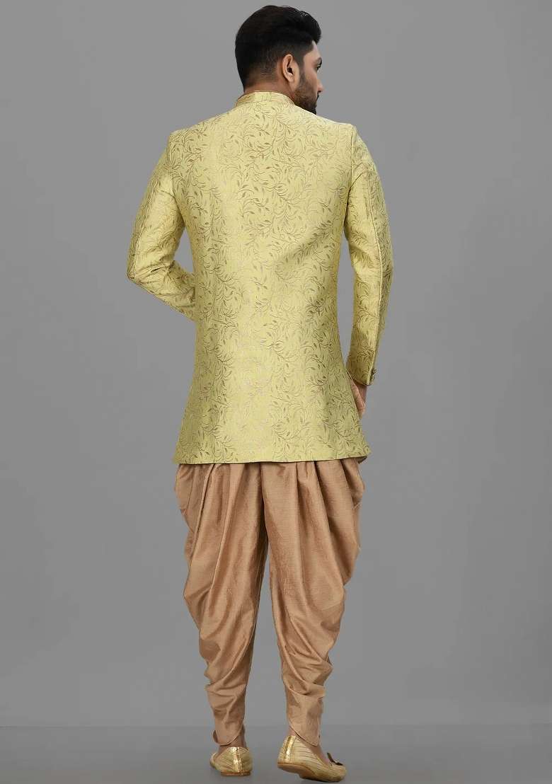 Green Embroidered Jacquard Indo Western Sherwani Set For Men - Indya