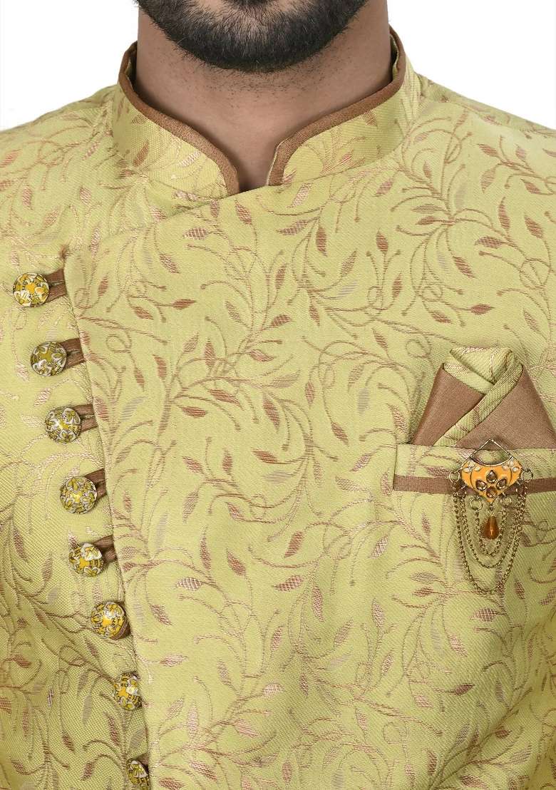 Green Embroidered Jacquard Indo Western Sherwani Set For Men - Indya