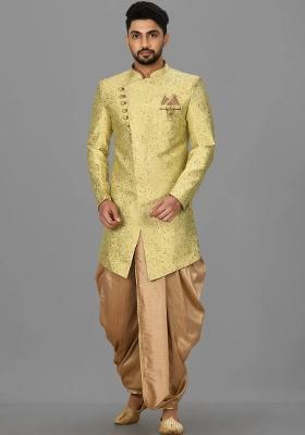 Green Embroidered Jacquard Indo Western Sherwani Set For Men