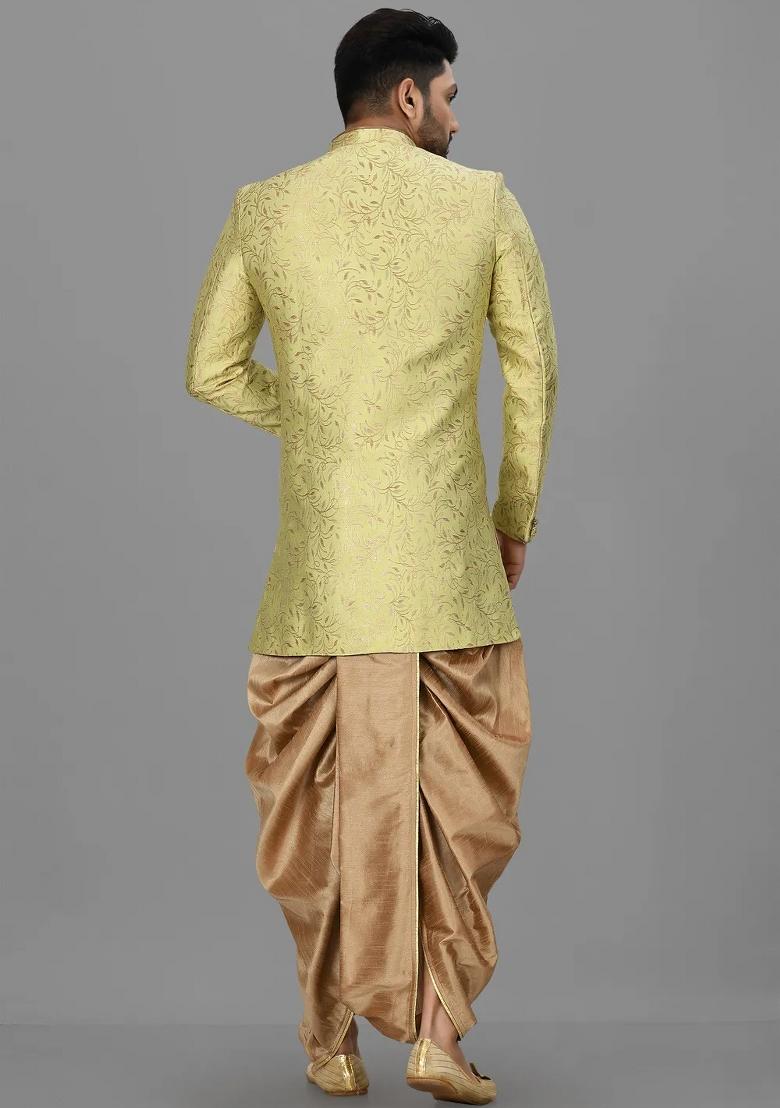 Green Embroidered Jacquard Indo Western Sherwani Set For Men